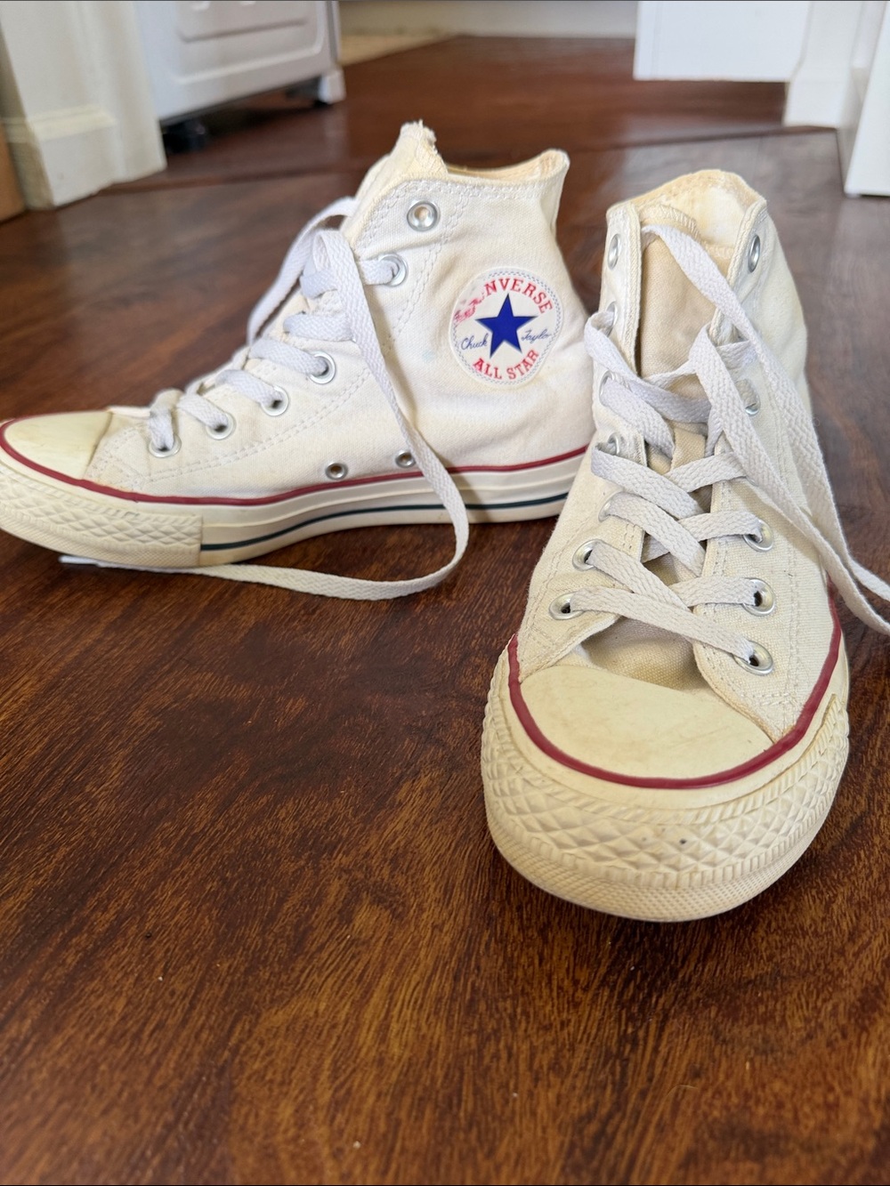 Converse Kids High Top Sneakers in Off-White with Red Trim